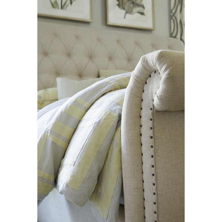 King Size Beige Upholstered Sleigh Bed with Nailhead Trim