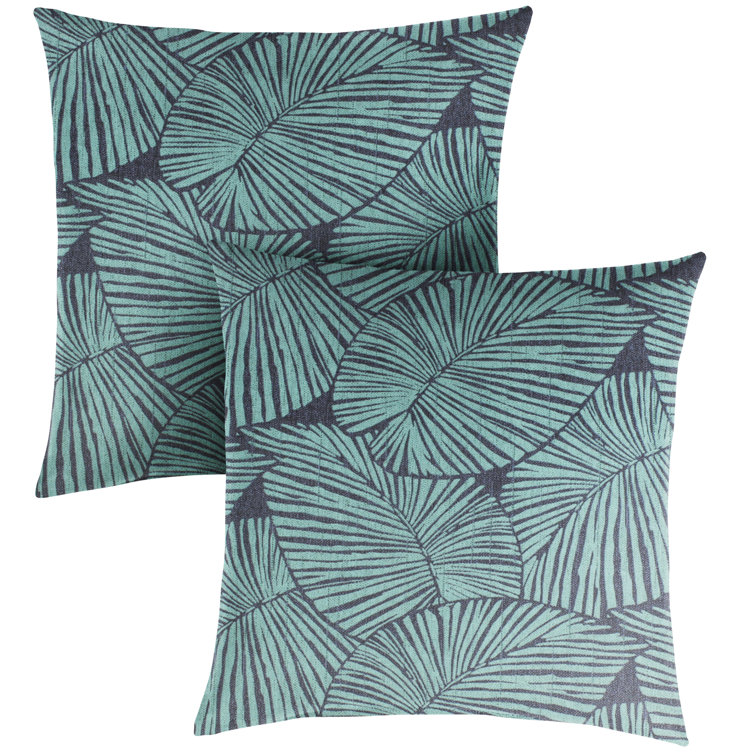 Blue Tropical Palm Leaf Outdoor Square Pillow Set, 22" x 22"