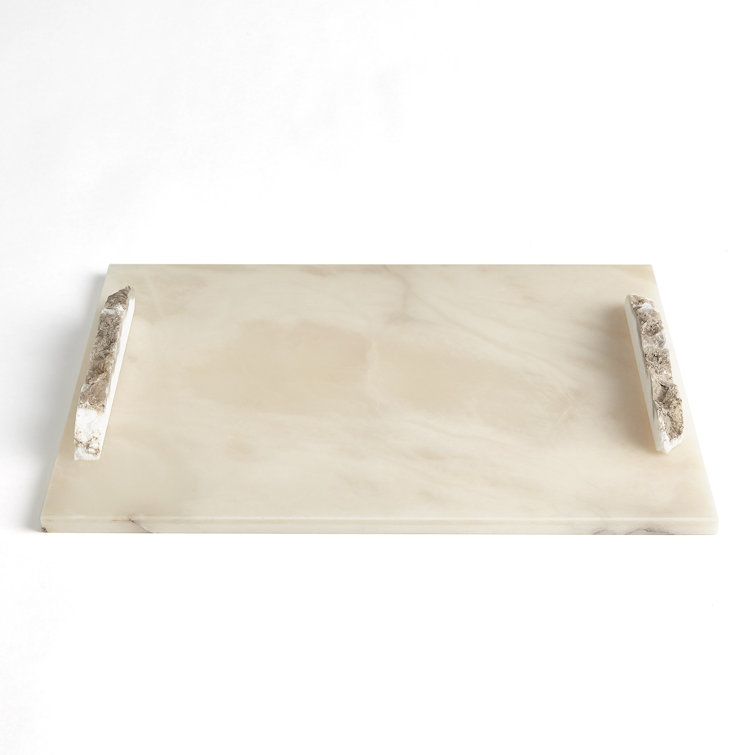 Contemporary Cream Alabaster Rectangle Tray with Raw Edge Handles