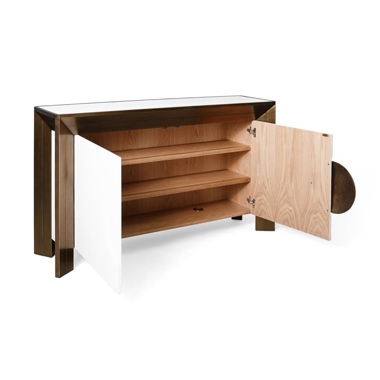 Modern Hardwood and Brass Sheet Console with Adjustable Shelves