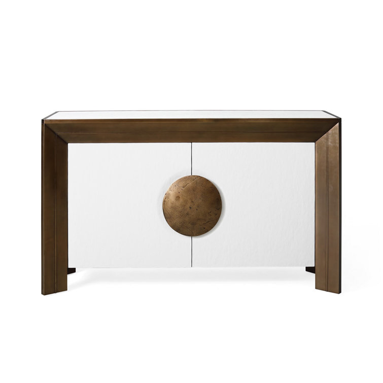 Modern Hardwood and Brass Sheet Console with Adjustable Shelves