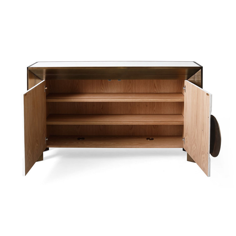 Modern Hardwood and Brass Sheet Console with Adjustable Shelves