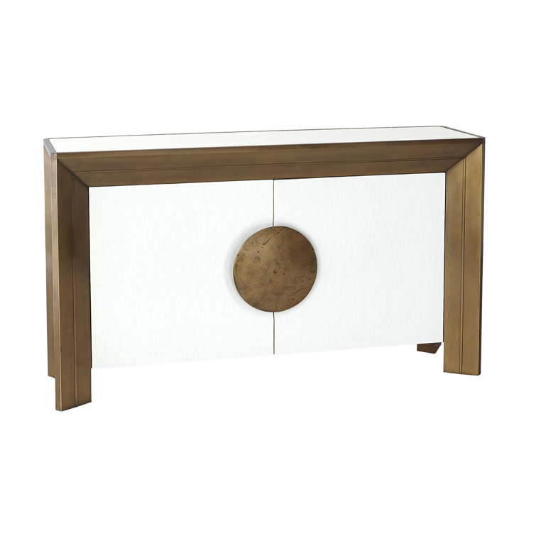 Modern Hardwood and Brass Sheet Console with Adjustable Shelves