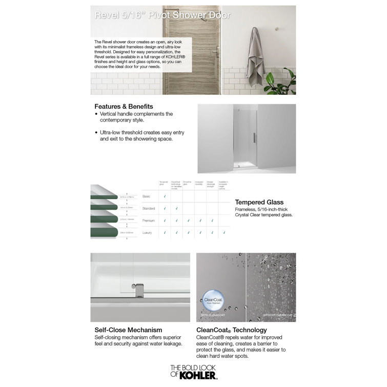 Revel 48'' x 70'' Frameless Pivot Shower Door in Bright Polished Silver