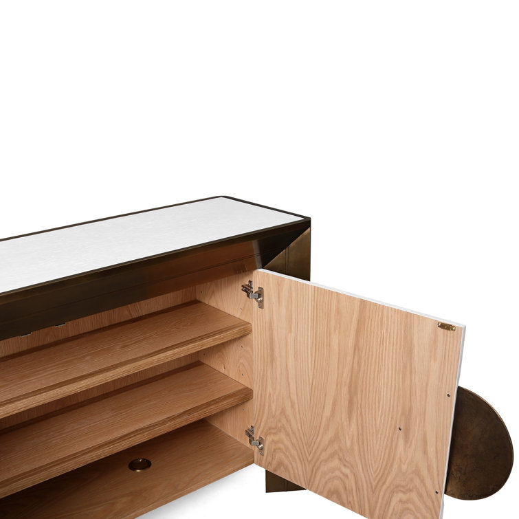 Modern Hardwood and Brass Sheet Console with Adjustable Shelves
