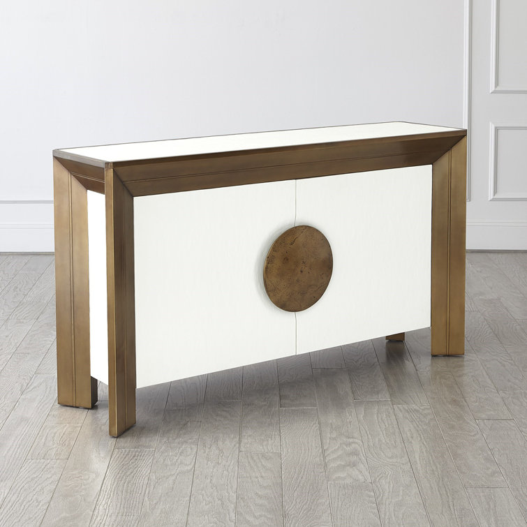 Modern Hardwood and Brass Sheet Console with Adjustable Shelves