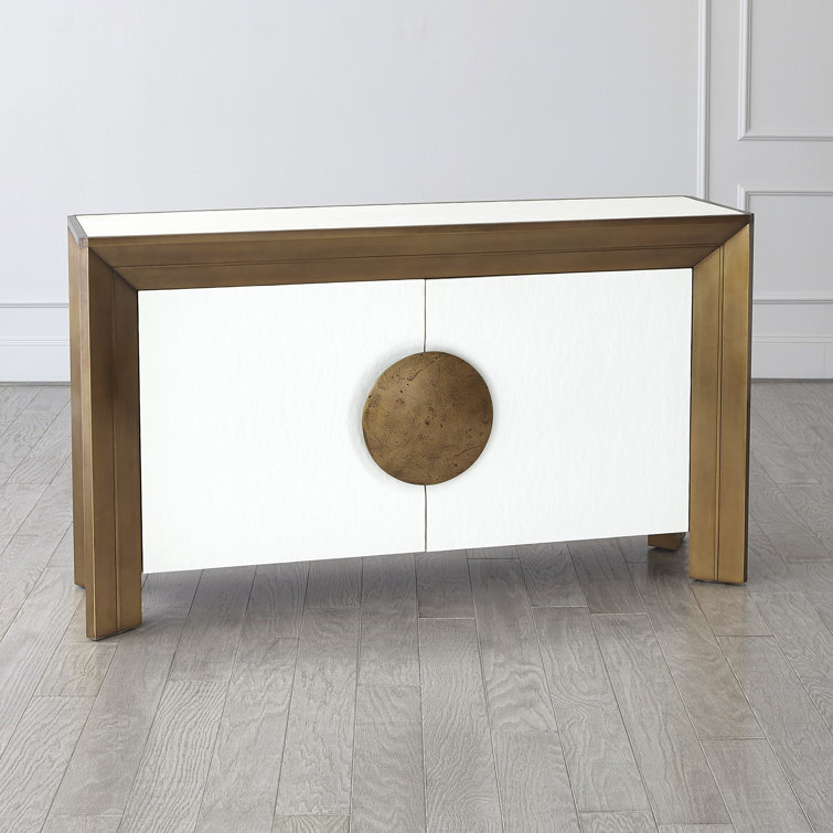 Modern Hardwood and Brass Sheet Console with Adjustable Shelves