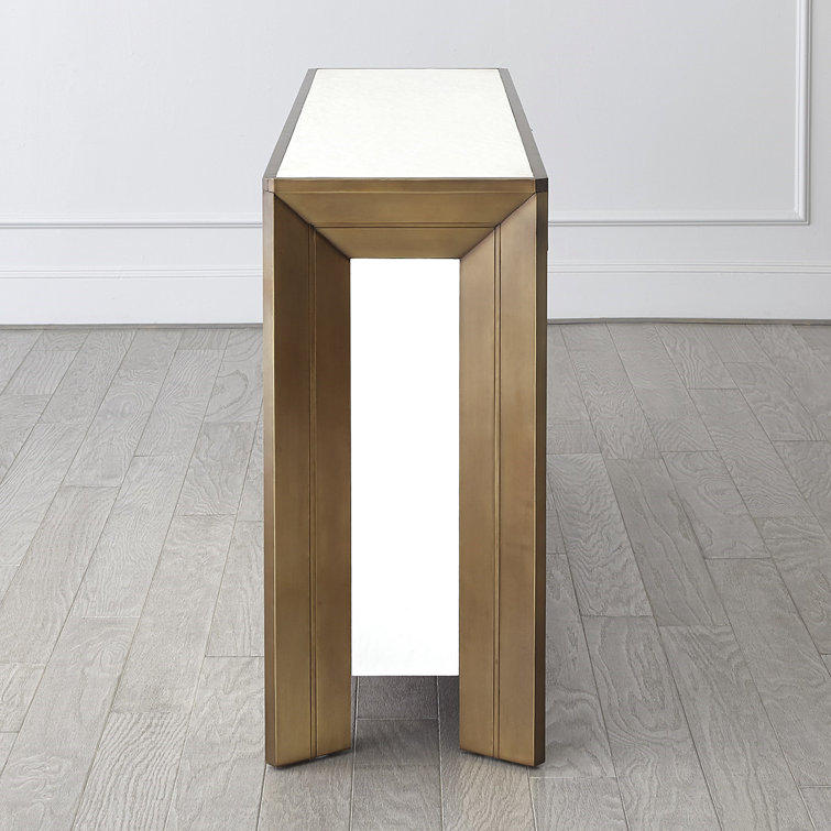 Modern Hardwood and Brass Sheet Console with Adjustable Shelves