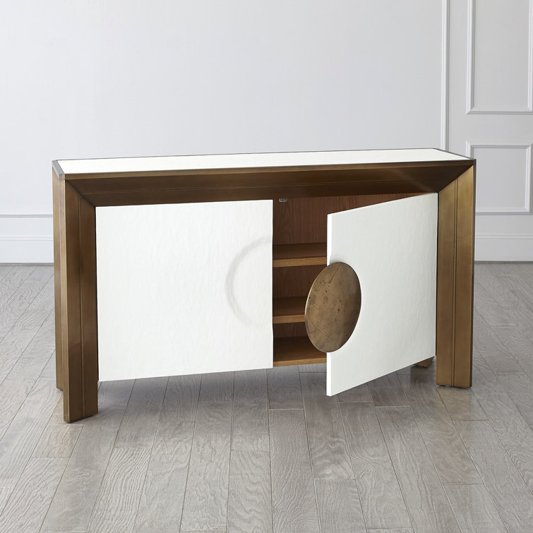 Modern Hardwood and Brass Sheet Console with Adjustable Shelves
