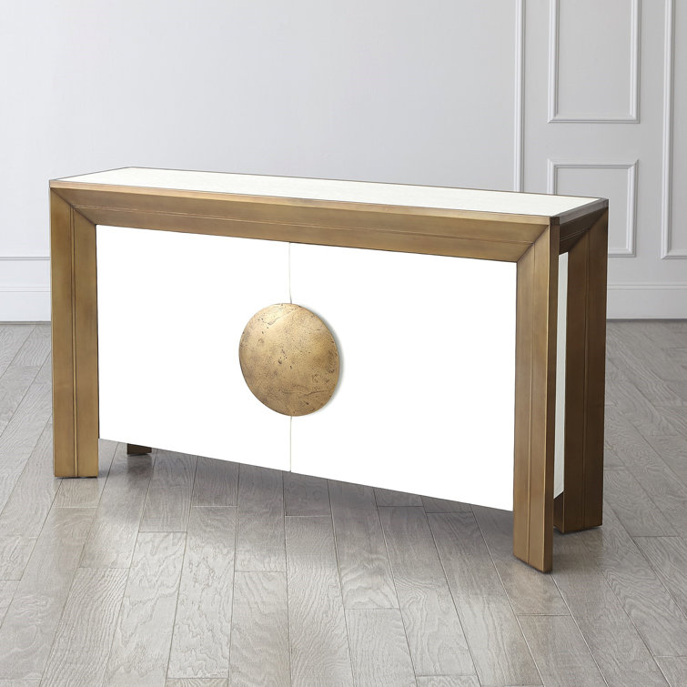 Modern Hardwood and Brass Sheet Console with Adjustable Shelves