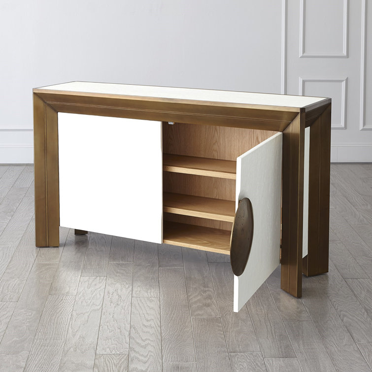 Modern Hardwood and Brass Sheet Console with Adjustable Shelves