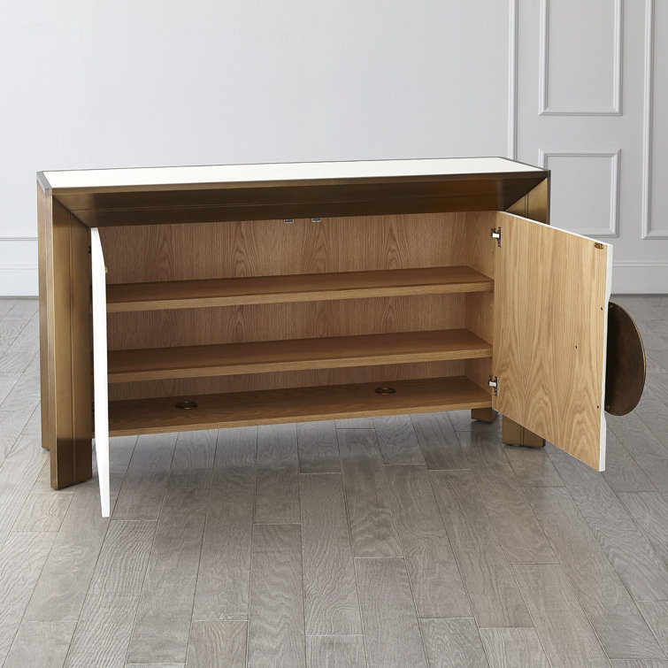 Modern Hardwood and Brass Sheet Console with Adjustable Shelves