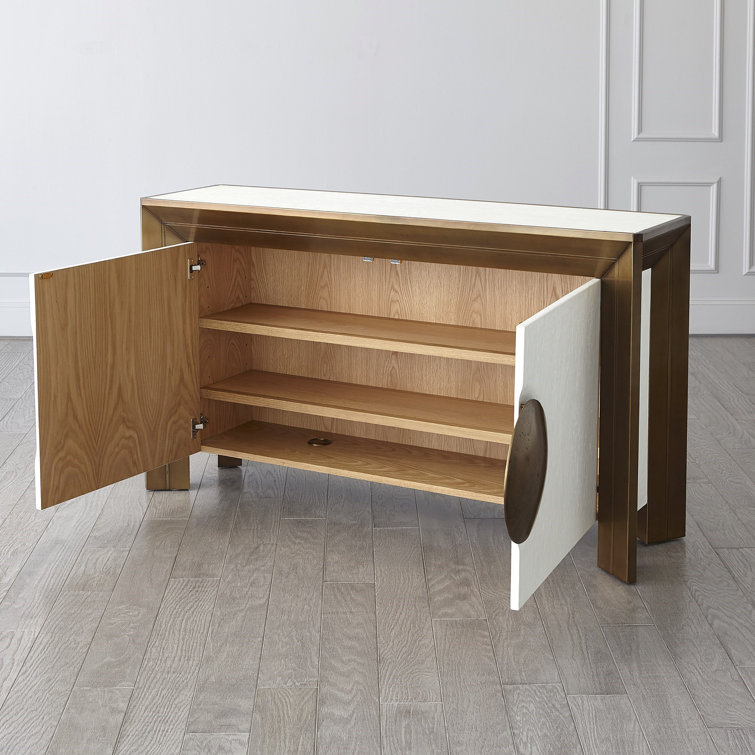 Modern Hardwood and Brass Sheet Console with Adjustable Shelves