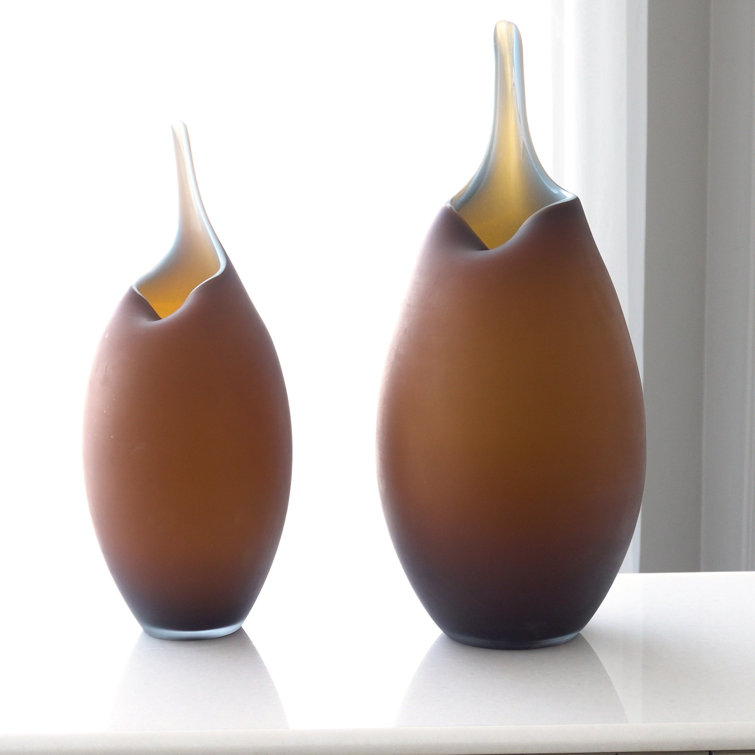 Handcrafted Frosted Amber & Blue Glass Novelty Vase