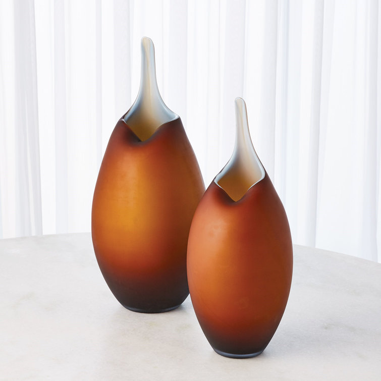 Handcrafted Frosted Amber & Blue Glass Novelty Vase