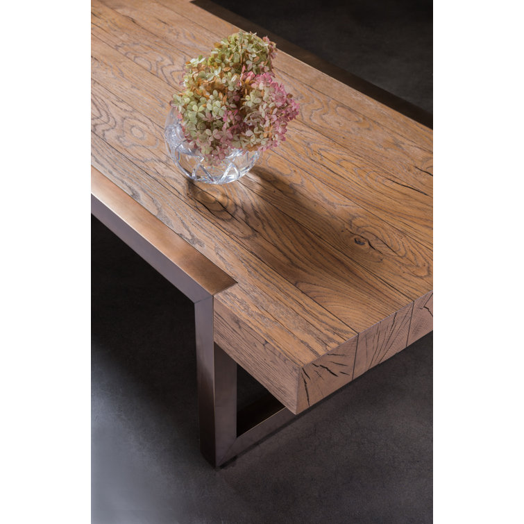 54" Brown Oak and Bronze Rectangular Coffee Table