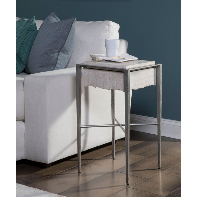 Everest Contemporary Beige Travertine & Silver Metal Square Table