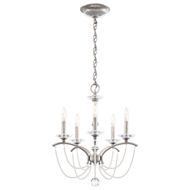 Antique Silver 5-Light Crystal Chandelier with White Pearl Trim