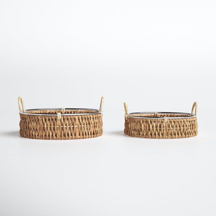 20" Round Natural Seagrass Woven Storage Basket Set with Metal Ring Handles