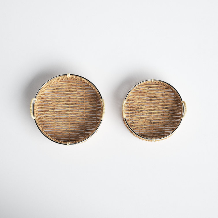 20" Round Natural Seagrass Woven Storage Basket Set with Metal Ring Handles