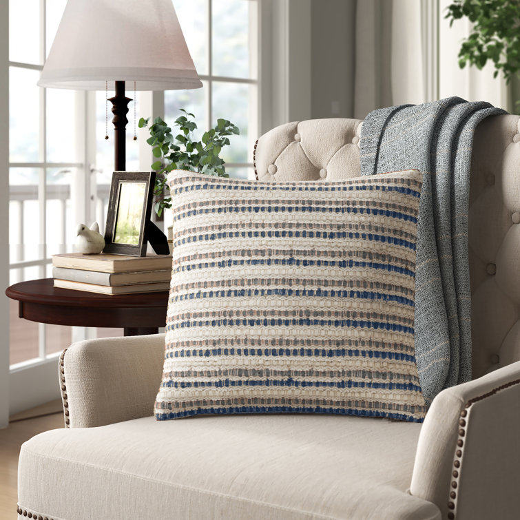 Blue and Beige Striped Linen Cotton Square Throw Pillow
