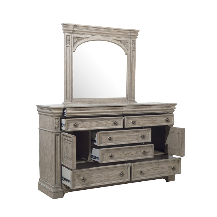 French Gray Oak 8-Drawer Dresser with Mirror