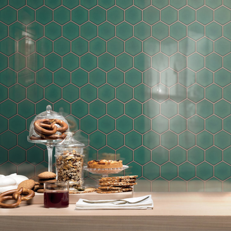 Green Hexagon Satin Porcelain Mosaic Tile Sheet