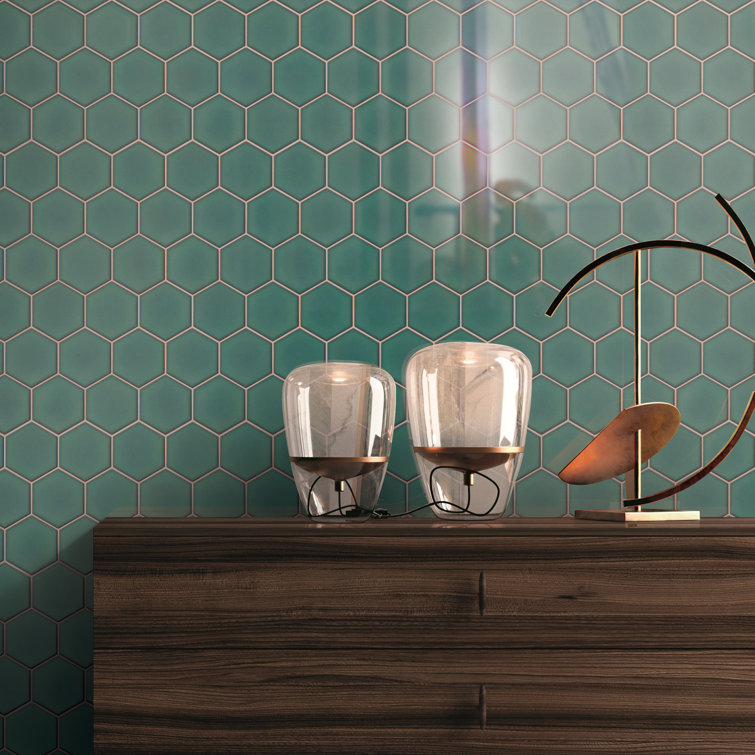 Green Hexagon Satin Porcelain Mosaic Tile Sheet