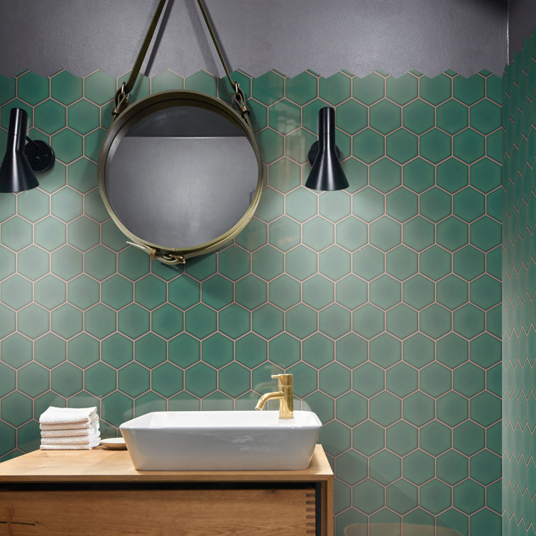 Green Hexagon Satin Porcelain Mosaic Tile Sheet