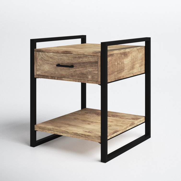 Riverside Black Metal and Natural Wood 20" Industrial Side Table with Storage