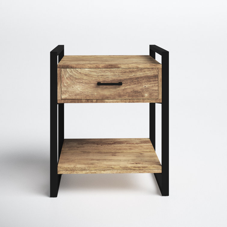 Riverside Black Metal and Natural Wood 20" Industrial Side Table with Storage