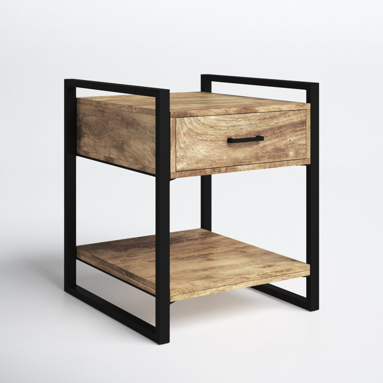 Riverside Black Metal and Natural Wood 20" Industrial Side Table with Storage