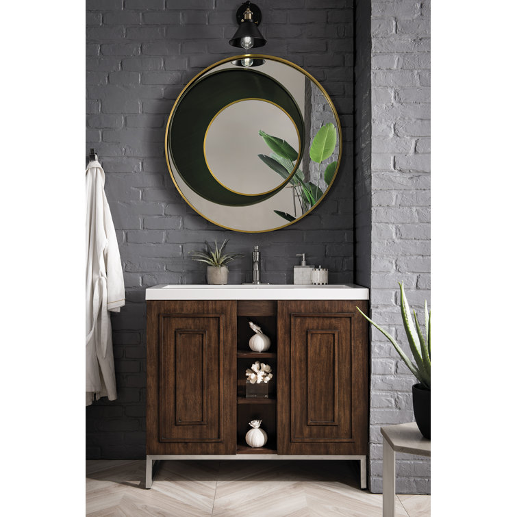 Mid-Century Dark Wood Wall-Mount Vanity with Mineral Composite Sink