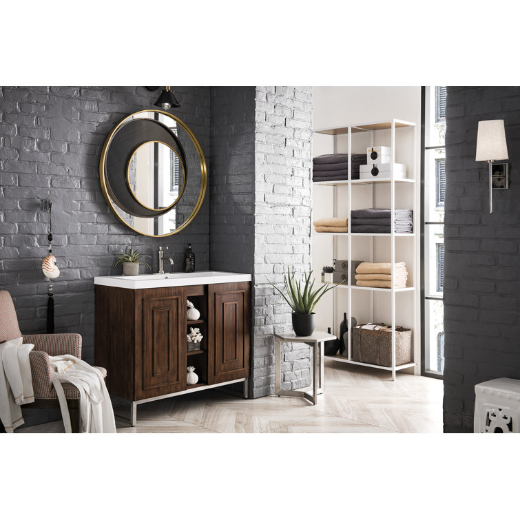 Mid-Century Dark Wood Wall-Mount Vanity with Mineral Composite Sink