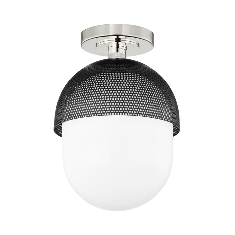 Polished Nickel and Black Glass Indoor/Outdoor Semi-Flush Light