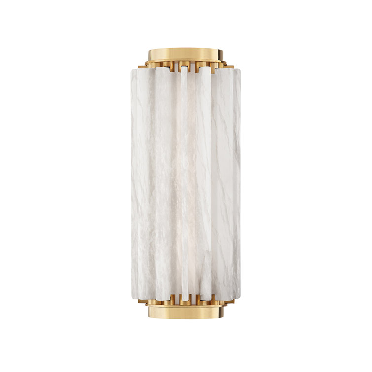 Aged Brass Cylinder Direct Wired LED Sconce with Spanish Alabaster Shade