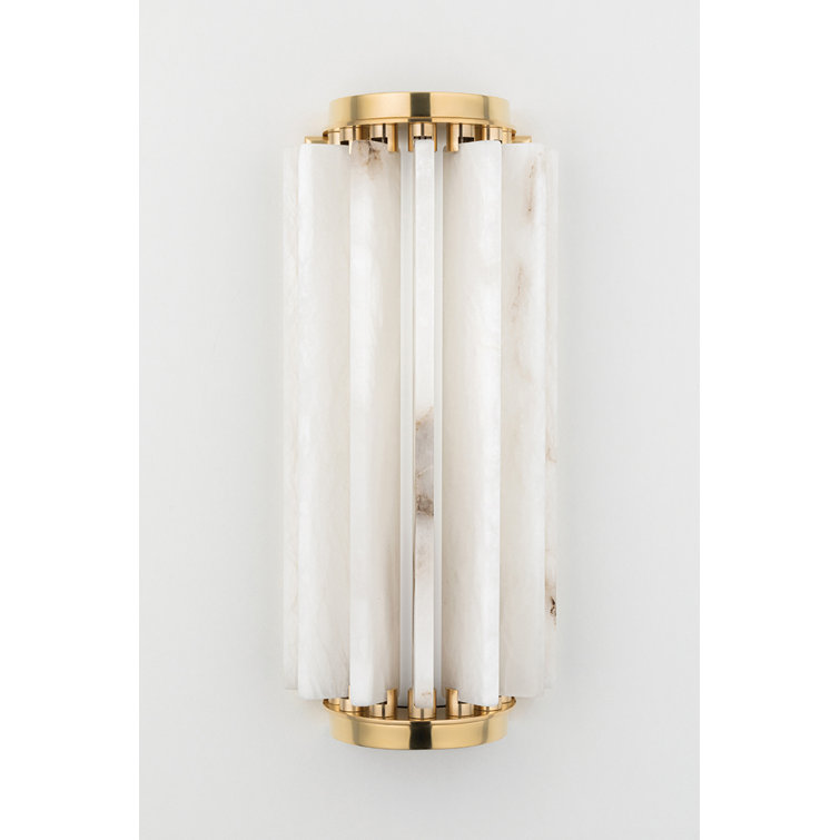 Aged Brass Cylinder Direct Wired LED Sconce with Spanish Alabaster Shade