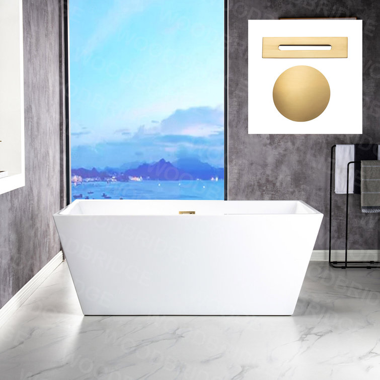 59'' White Acrylic Freestanding Rectangular Bathtub with Brushed Gold Trim