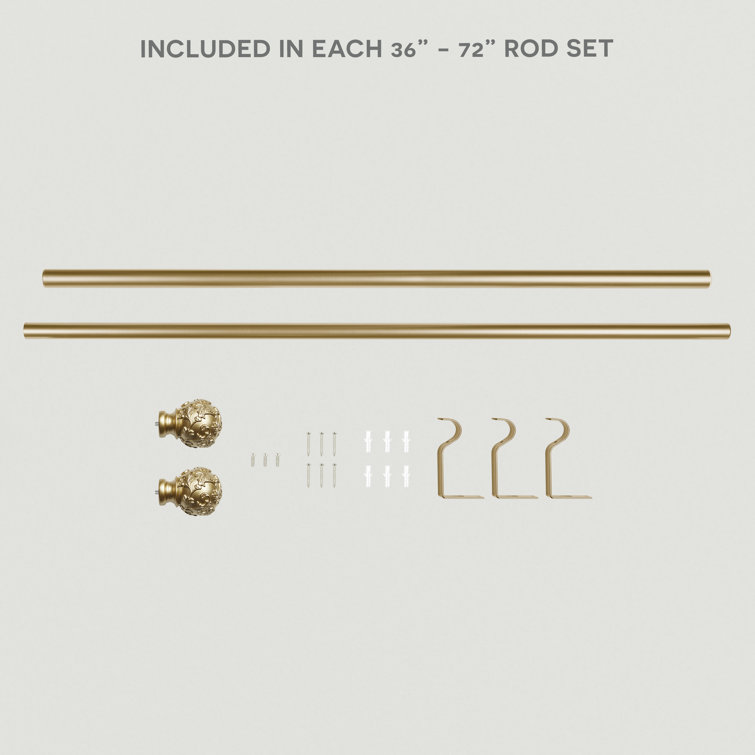 Gold Iron Adjustable Curtain Rod with Floral Resin Finials, 36"-72"