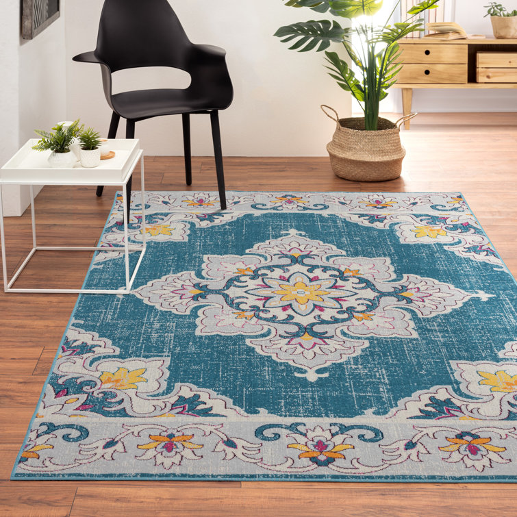 Elysian Blue Medallion 5' x 7' Easy-Care Synthetic Area Rug