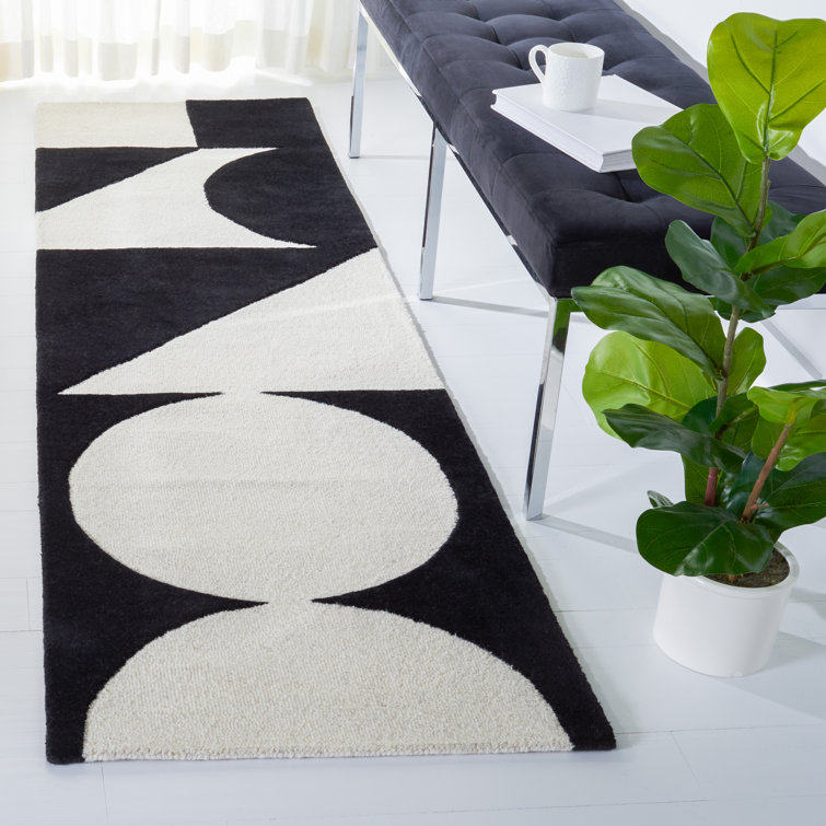 Ivory and Black Geometric Hand-Tufted Wool Square Rug