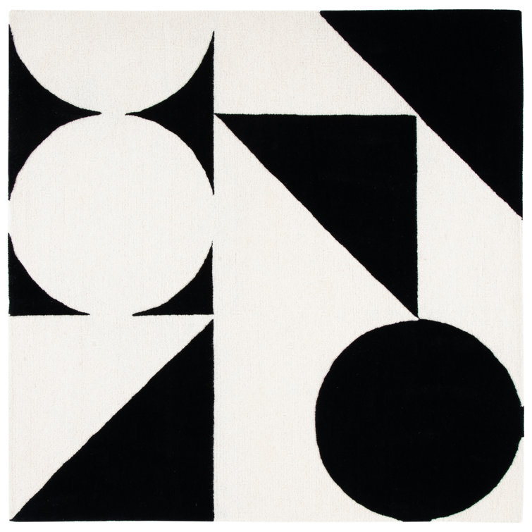 Ivory and Black Geometric Hand-Tufted Wool Square Rug