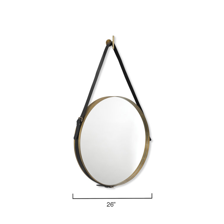 Large Round Antique Brass Mirror with Black Leather Strap