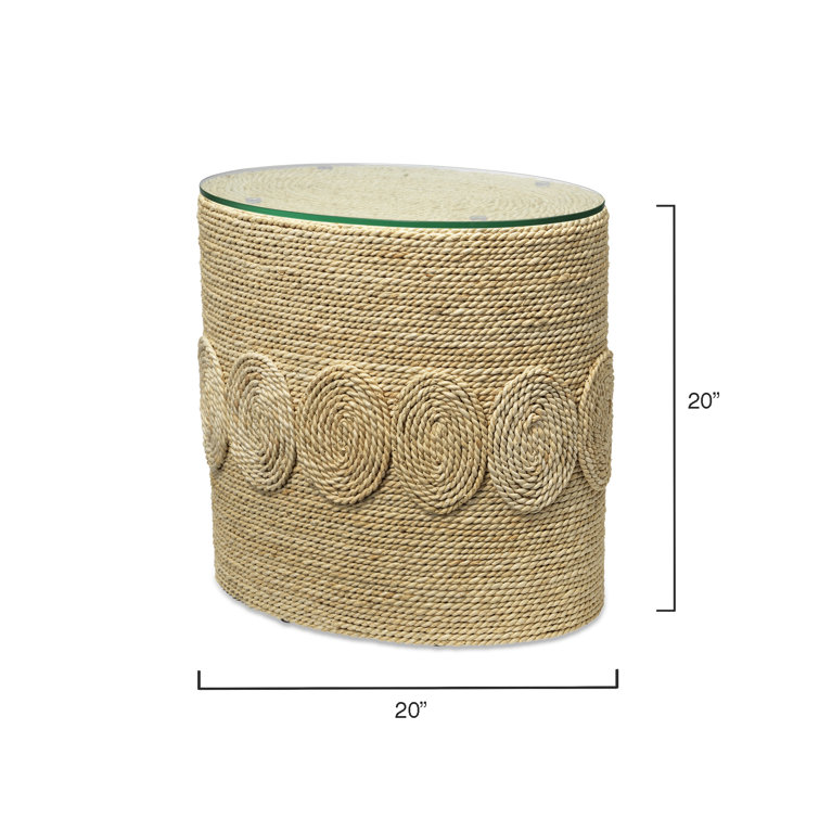 Hand-Woven Corn Straw Round Side Table with Glass Top