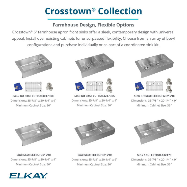 Elkay Crosstown 36" Satin Stainless Steel Double Bowl Farmhouse Sink Kit