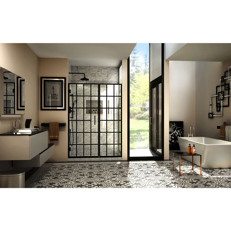 Toulon 52" Black Frameless Hinged Shower Door with Clear Glass
