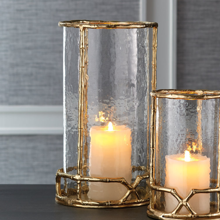 Gold Bamboo-Like Glass Hurricane Candle Holder, 16"