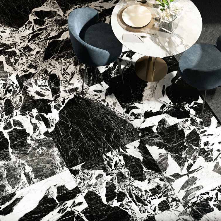 Kasama 30" x 30" Matte Black and White Porcelain Marble Look Tile