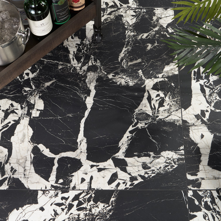 Kasama 30" x 30" Matte Black and White Porcelain Marble Look Tile