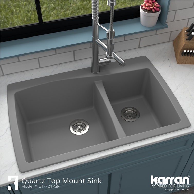 Gray Quartz Composite 34'' Double Bowl Kitchen Sink